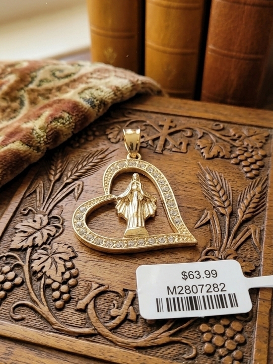 Jewelry - 14K KGF Virgin Mary Religious Heart Pendant | Crystal Halo Charm